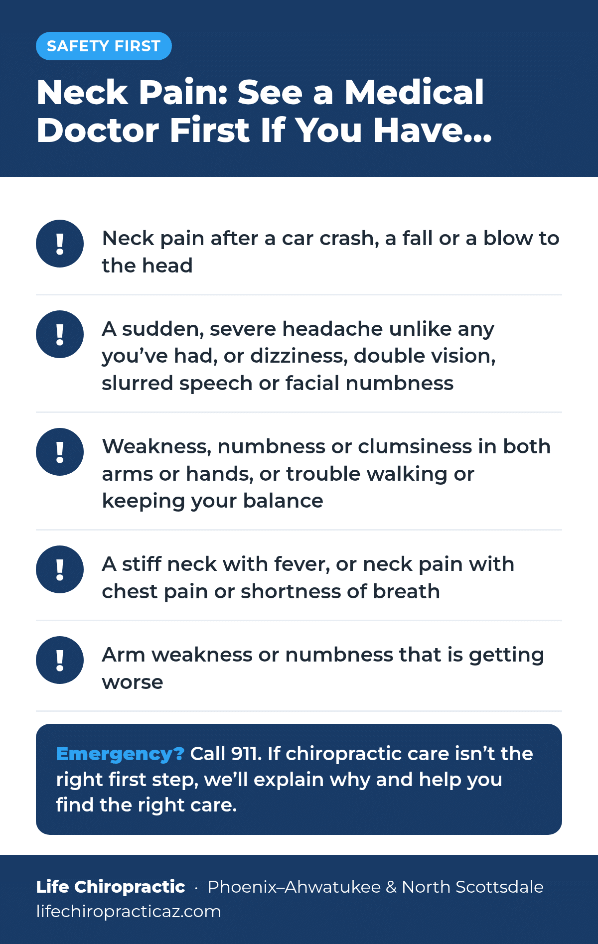 Neck pain warning signs that mean you should see a medical doctor first: neck pain after a crash, fall or blow to the head; a sudden, severe headache, dizziness, double vision, slurred speech or facial numbness; weakness, numbness or clumsiness in both arms or trouble walking; a stiff neck with fever, or neck pain with chest pain or shortness of breath; and arm weakness or numbness that is getting worse. In an emergency, call 911.